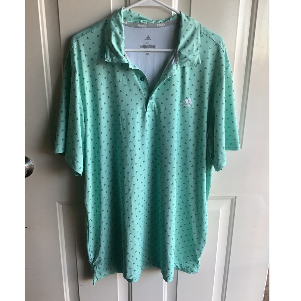 Adidas Men's Golf Polo Shirt Multi Logo Print Mint Green Soft Stretch XL Long